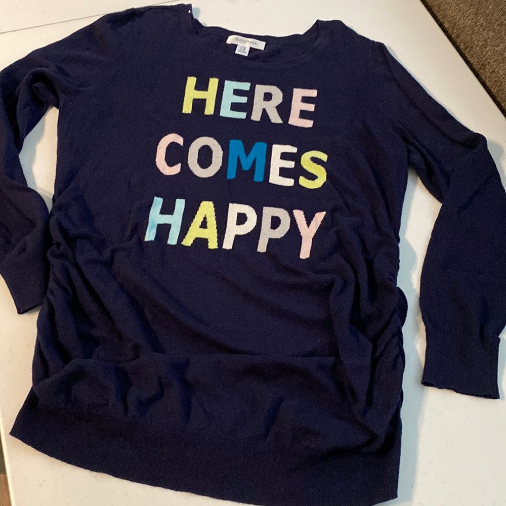 Motherhood maternity XL HERE COMES HAPPY navy blue sweater